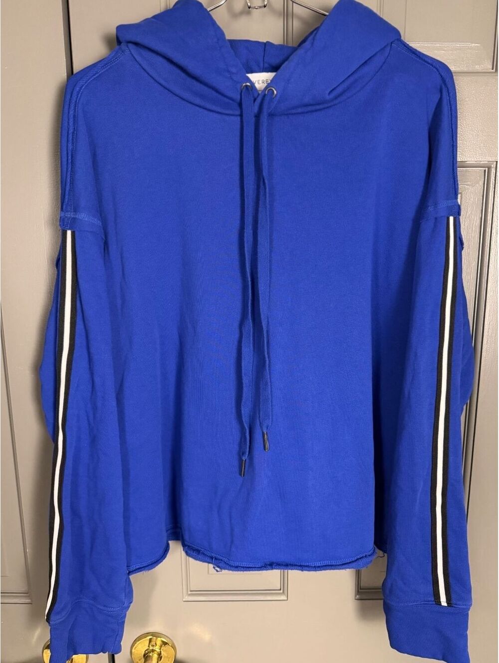 Evereve Women's Royal Blue Rew Hem Hoodie with Striped Sleeves – Size XL
